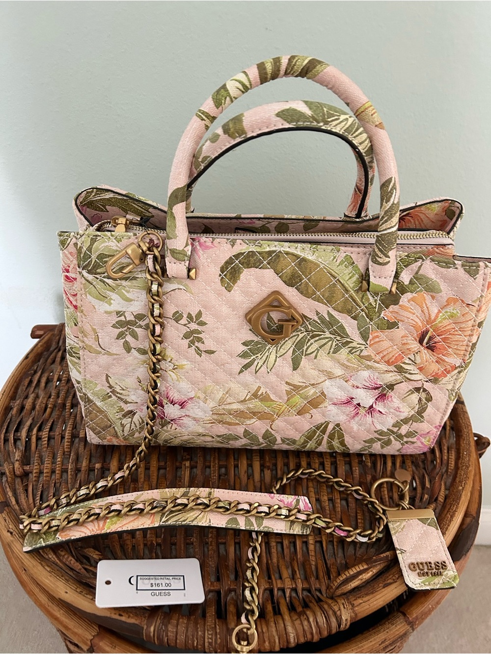GUESS Pink Floral Quilted Satchel with Gold-Tone Chain NWT